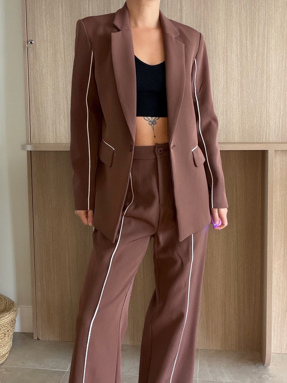 Brown Piped Wide-Leg Suit Pants & Blazer Set